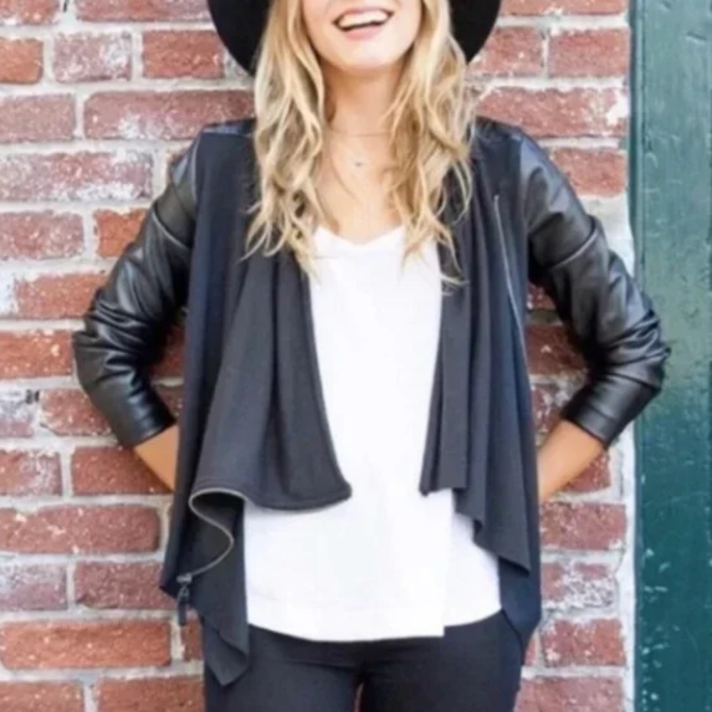 Blank NYC Faux Leather & Knit Black Drape Moto Jacket w/ Zipper